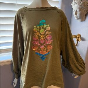 FP Movement by Free People Olive Long Sleeve Top with Multicolor Sequin Motif